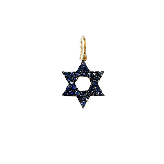 14K Gold Blue Sapphire Star of David Charm Pendant, XS Size