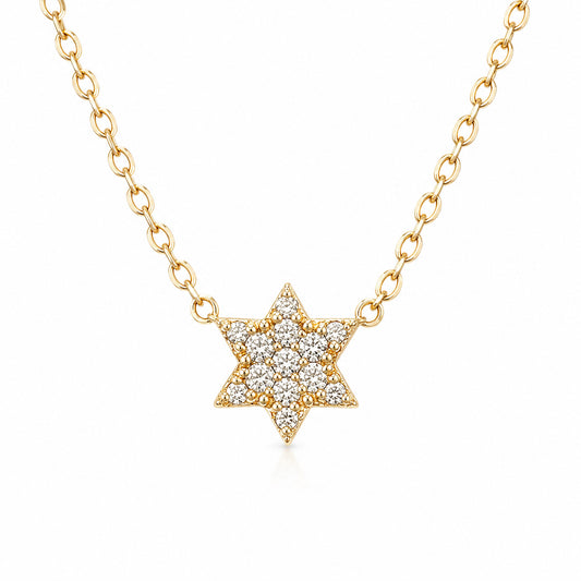 14K Gold Tiny Pavé Diamond Star of David Charm Pendant Necklace