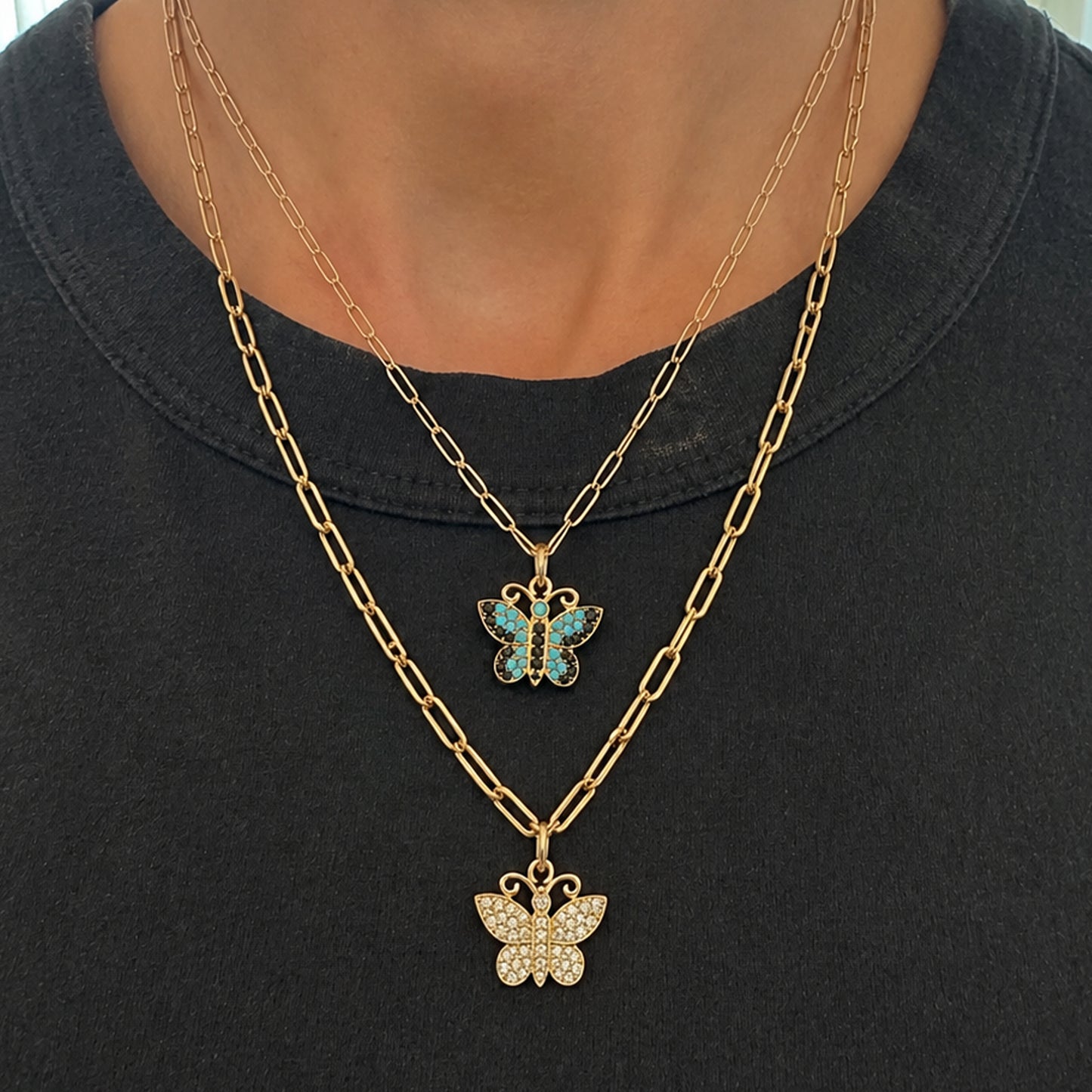 14K Gold Pavé Black Diamond & Turquoise Butterfly Charm Pendant