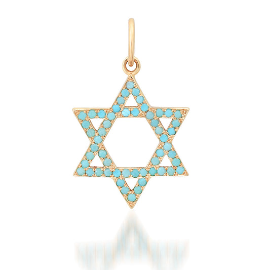 14K Gold Turquoise Star of David Charm Pendant, Medium Size