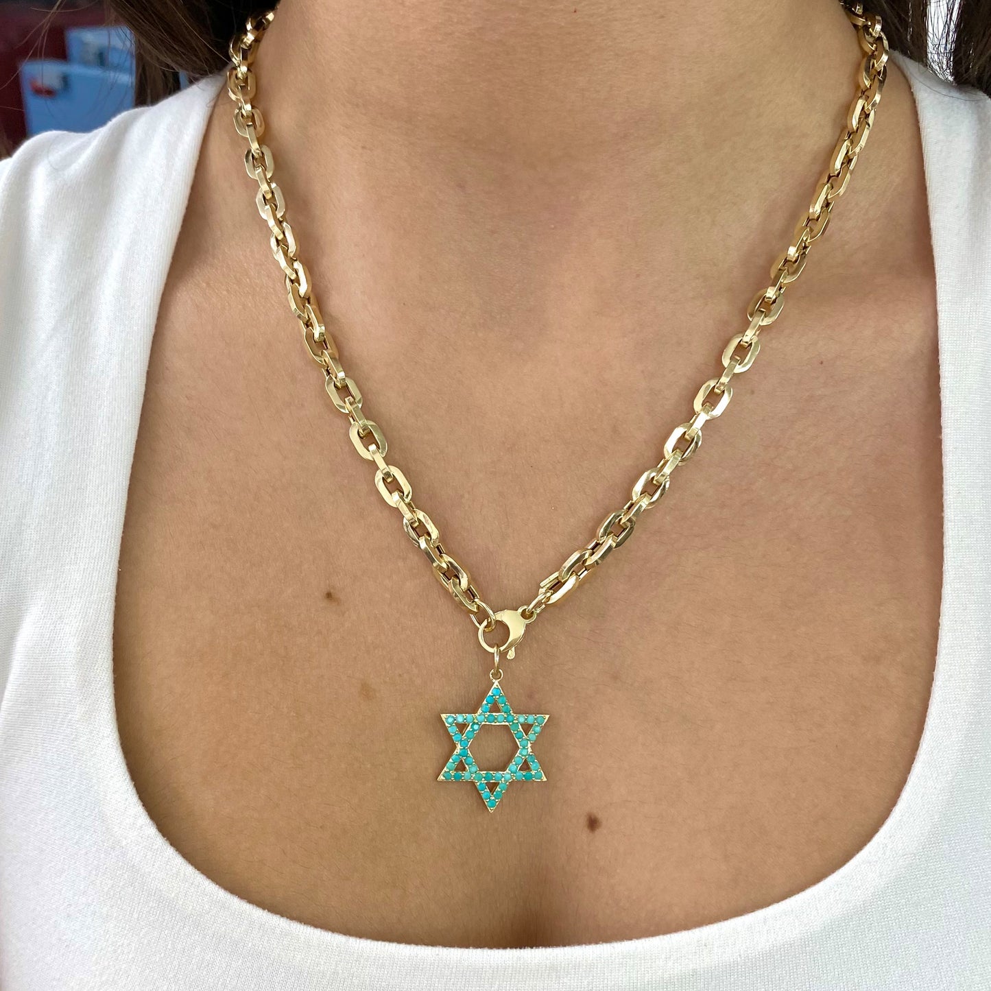 14K Gold Turquoise Star of David Charm Pendant, Large Size