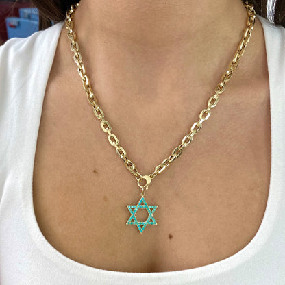 14K Gold Turquoise Star of David Charm Pendant, Large Size