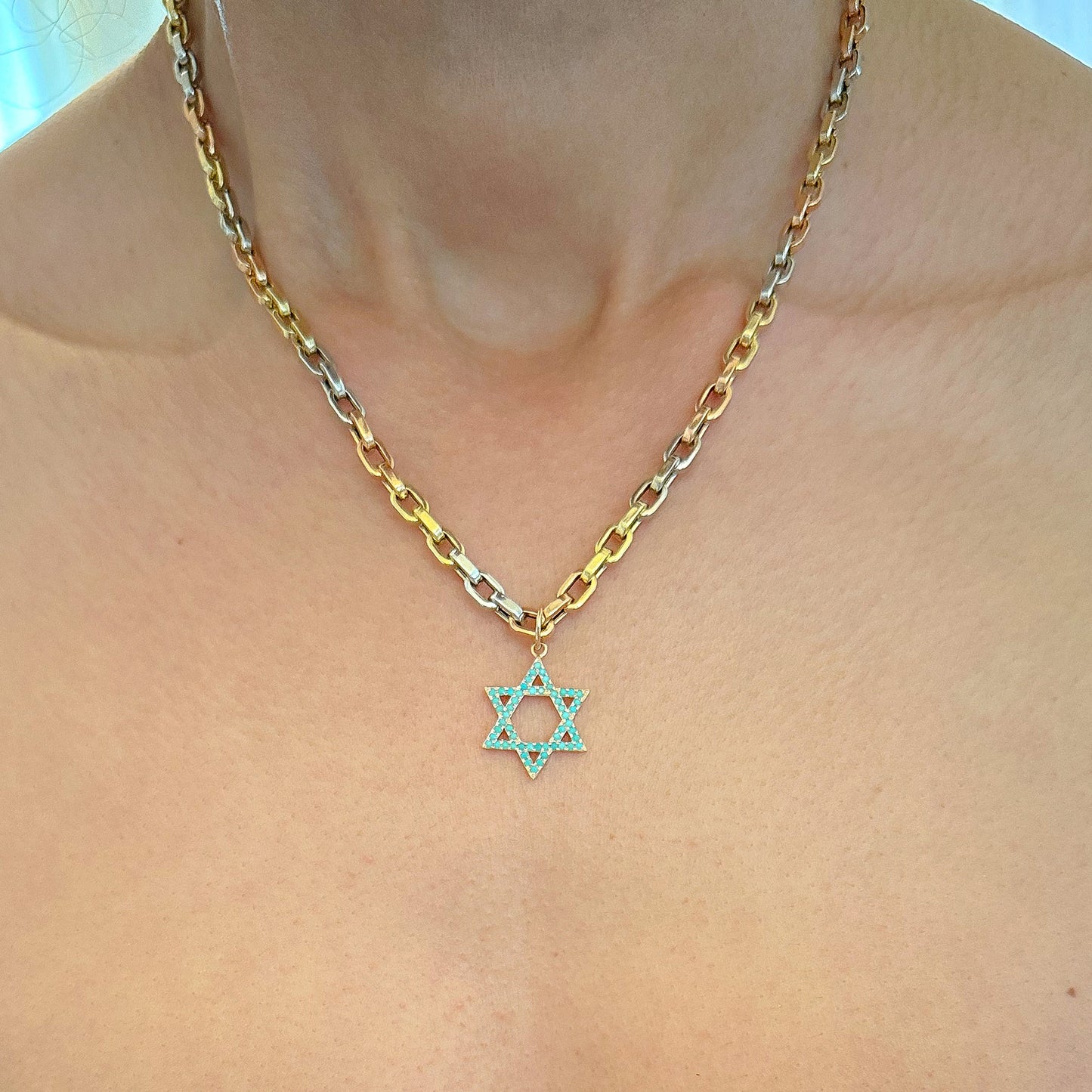 14K Gold Turquoise Star of David Charm Pendant, Medium Size