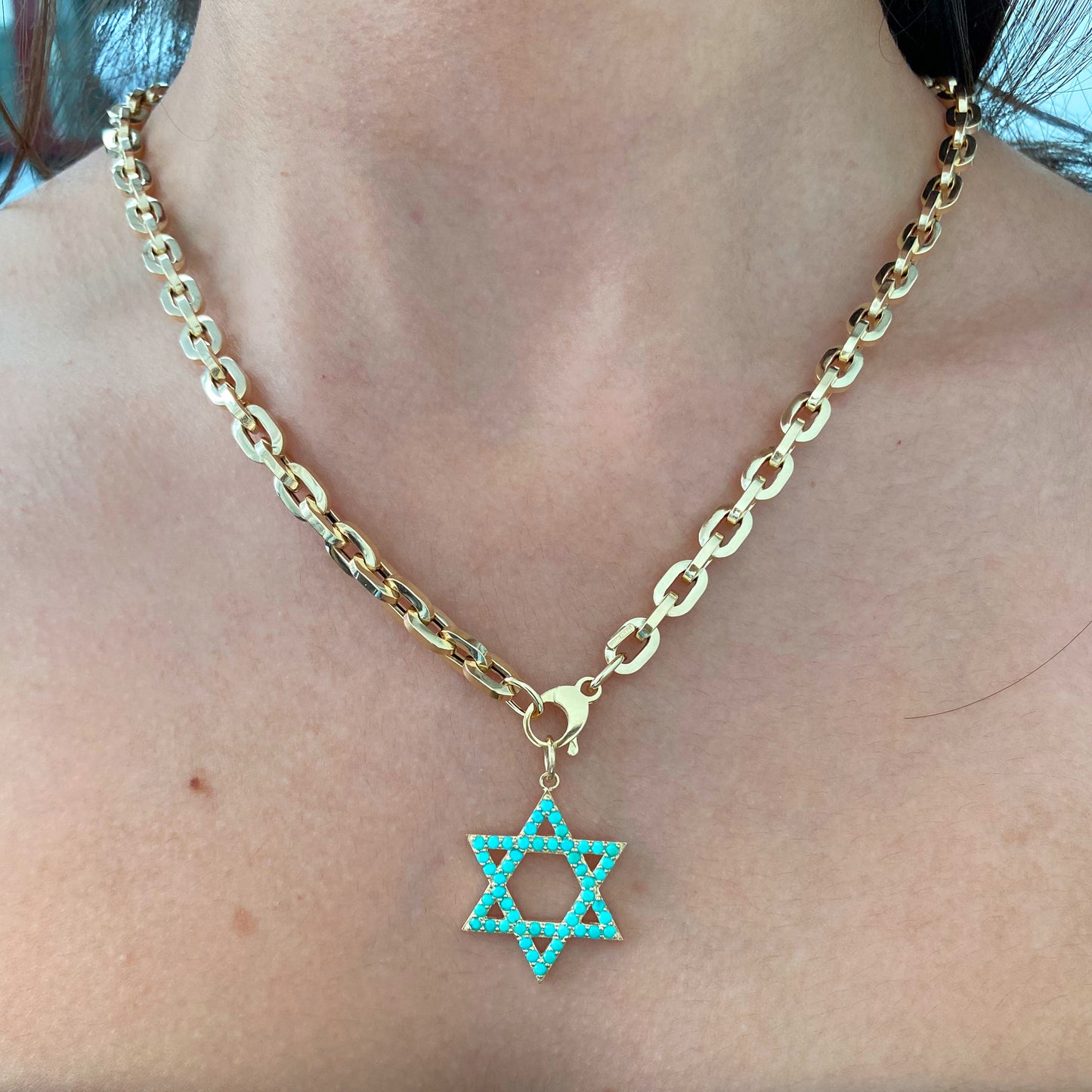 14K Gold Turquoise Star of David Charm Pendant, Large Size