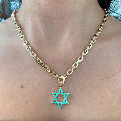 14K Gold Turquoise Star of David Charm Pendant, Large Size