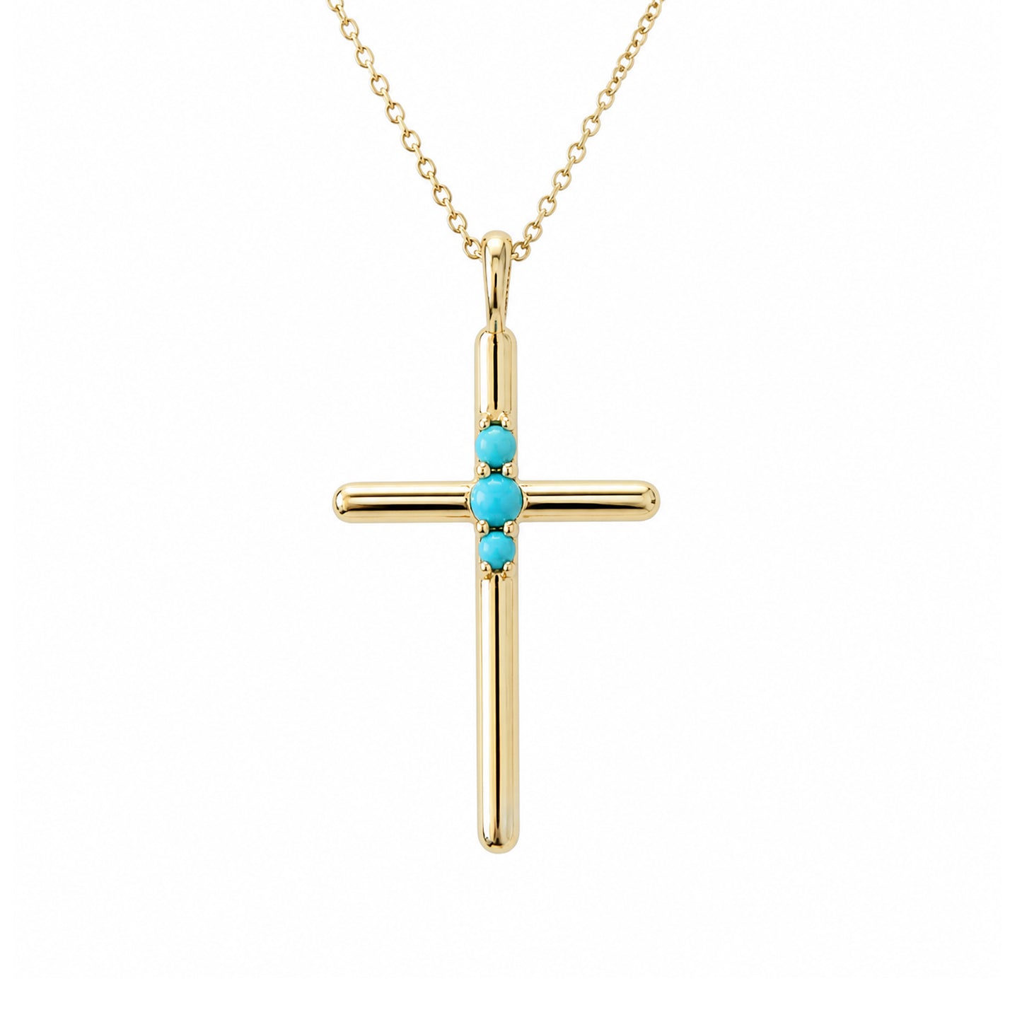 14K Gold Triple Turquoise Cross Charm Necklace