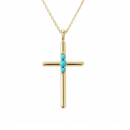 14K Gold Triple Turquoise Cross Charm Necklace
