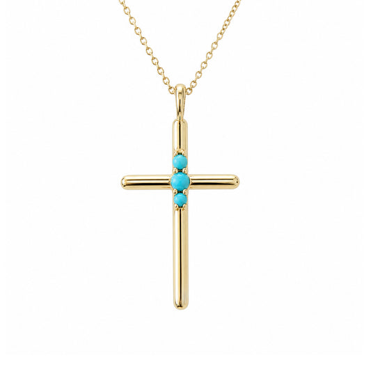 14K Gold Triple Turquoise Cross Charm Necklace