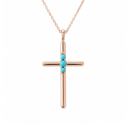 14K Gold Triple Turquoise Cross Charm Necklace