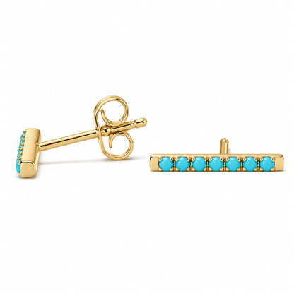 14K Gold Large Pavé Tuquoise Cabochon Bar Stud Earrings
