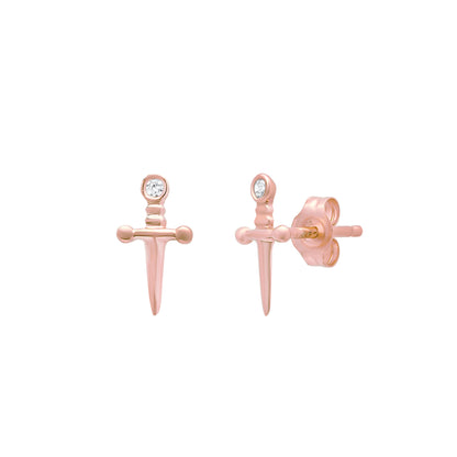 14K Gold Diamond Dagger Sword Stud Earrings