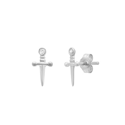 14K Gold Diamond Dagger Sword Stud Earrings