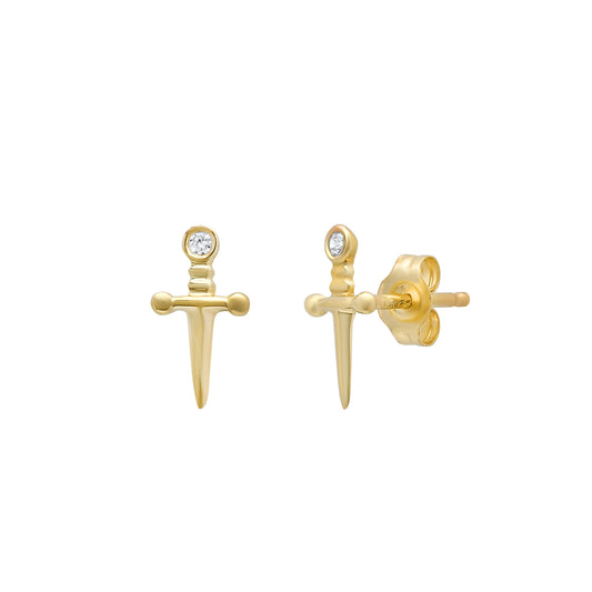 14K Gold Diamond Dagger Sword Stud Earrings