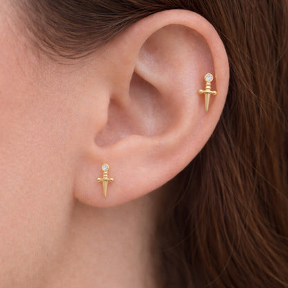 14K Gold Diamond Dagger Sword Stud Earrings