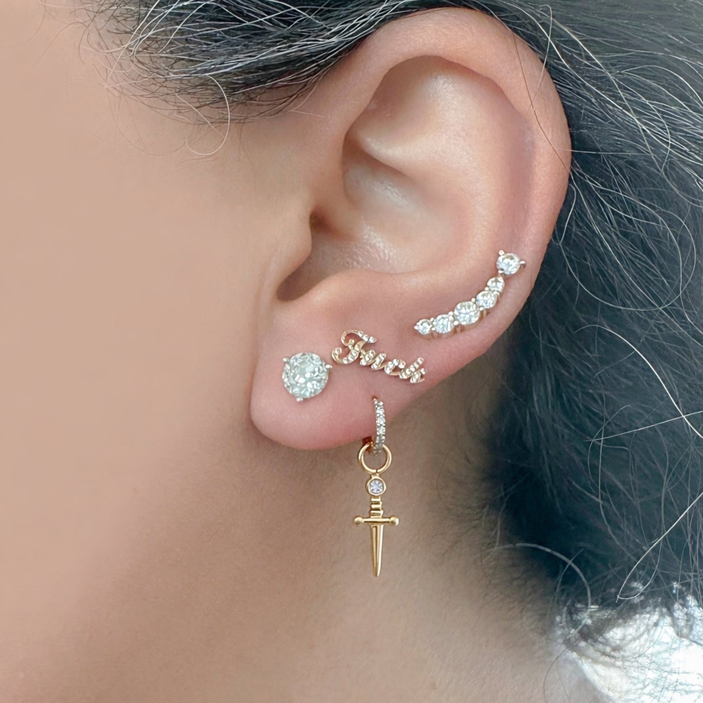 14K Gold Diamond Dagger Sword Hoop Earring Charm