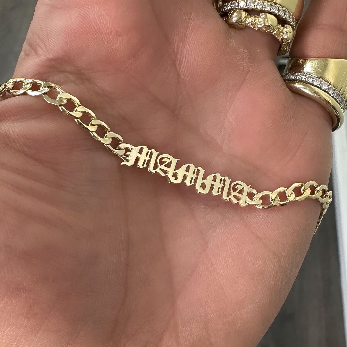 14K Gold Mini Nameplate Bracelet ~ Old English Font