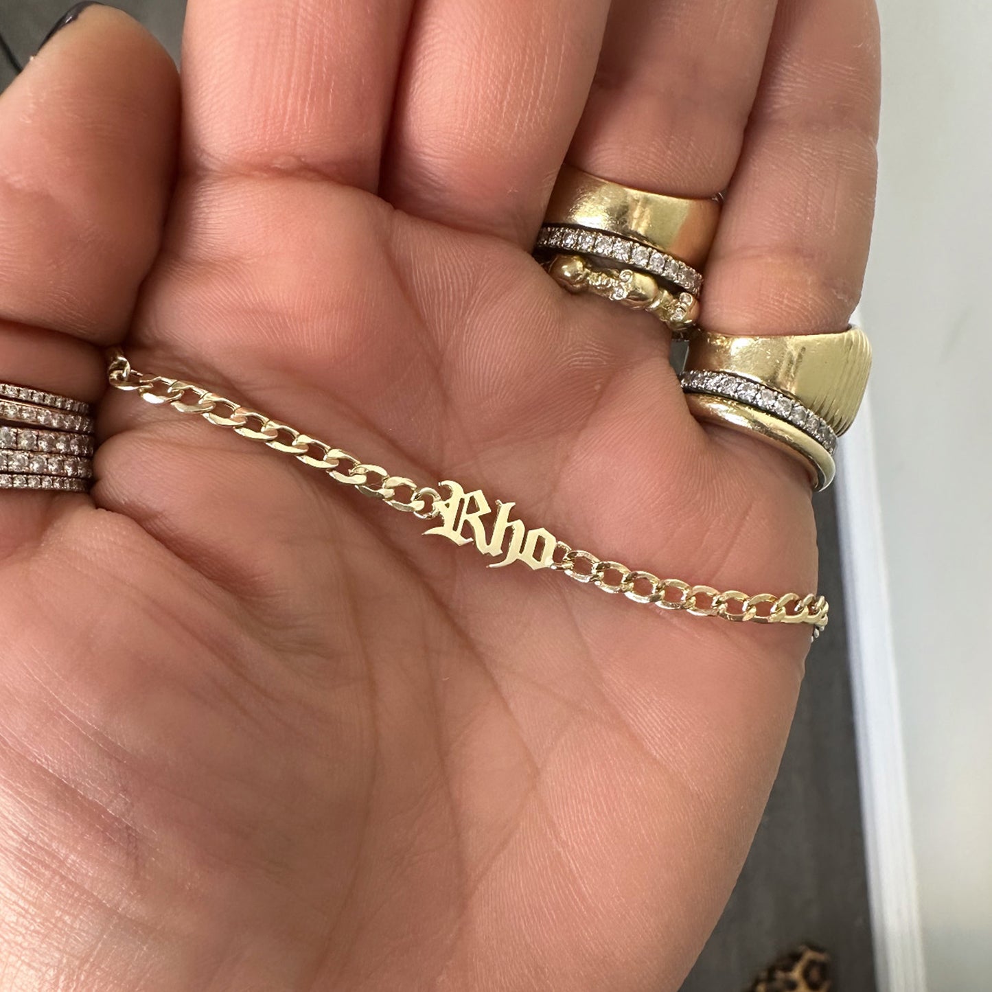 14K Gold Mini Nameplate Bracelet ~ Old English Font