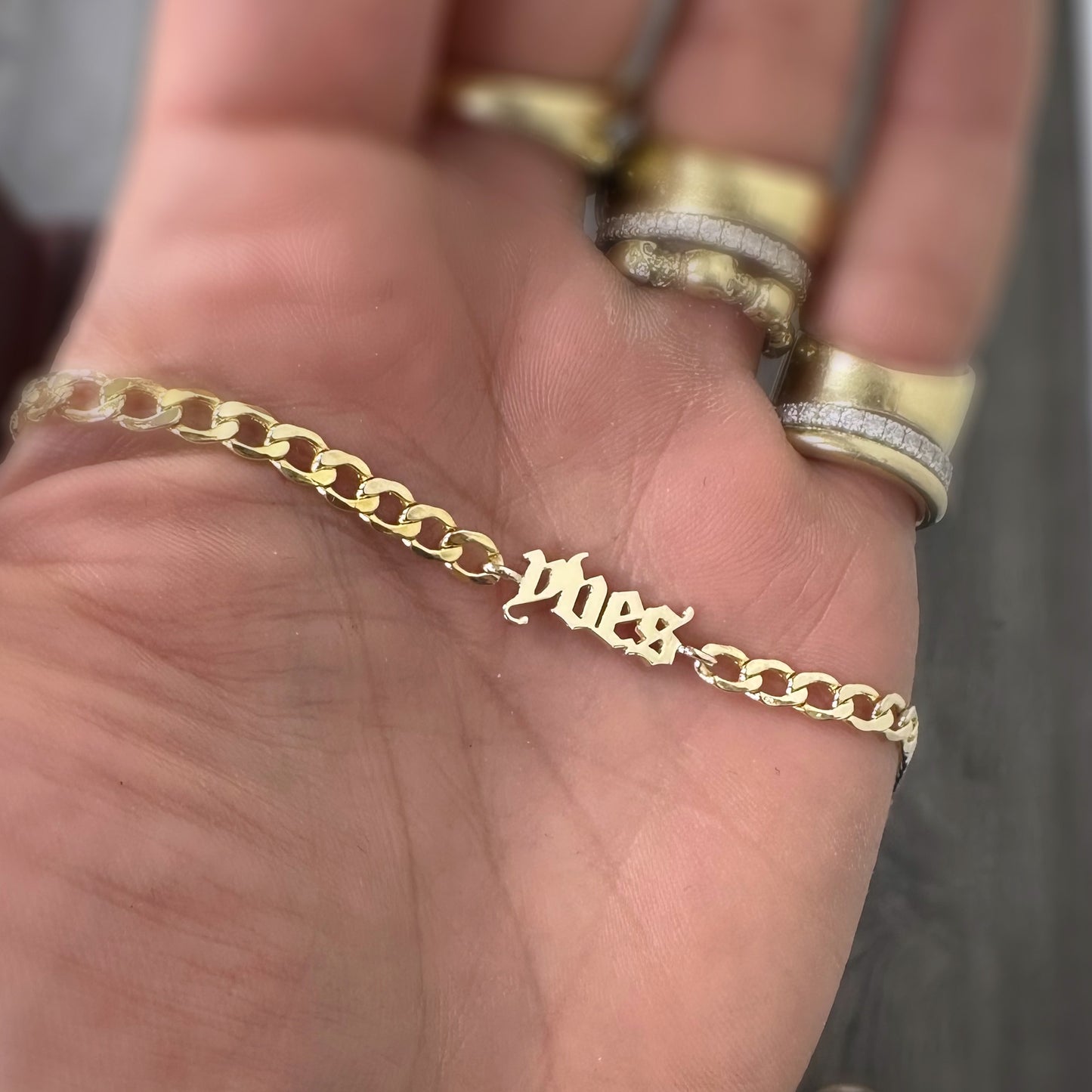 14K Gold Mini Nameplate Bracelet ~ Old English Font