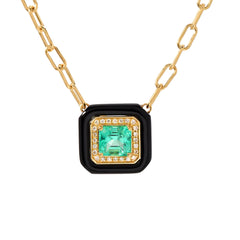 Emerald Solitaire Pavé Diamond & Black Onyx Inlay 18K Gold Necklace ~ LIMITED EDITION
