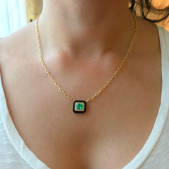 Emerald Solitaire Pavé Diamond & Black Onyx Inlay 18K Gold Necklace ~ LIMITED EDITION