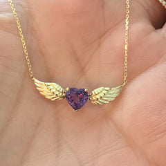 14K Gold Colored Sapphire Solitaire Flying Heart Necklace