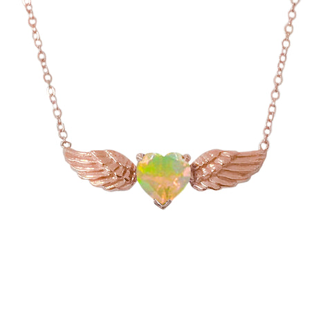 14K Gold Opal Solitaire Flying Heart Necklace