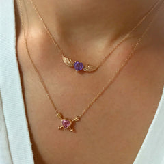 Colored Sapphire Heart Solitaire 14K Gold Double Arrow Necklace