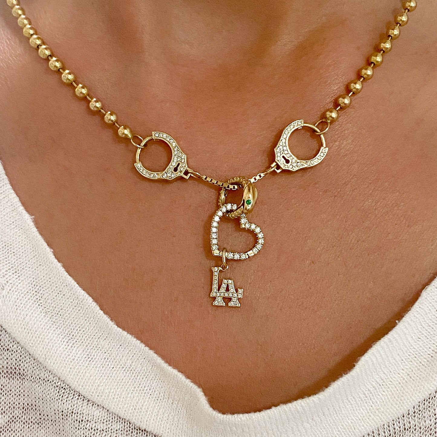 14K Gold Pavé Diamond LA Logo Charm Necklace