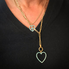 14K Gold Turquoise Heart Shape Frame Necklace, Large Size