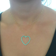 14K Gold Turquoise Heart Shape Frame Necklace, Large Size