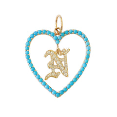 14K Gold Dangling Diamond Initial Turquoise Heart Shape Frame Pendant, Large Size