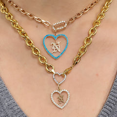 14K Gold Dangling Initial Diamond Heart Shape Frame Pendant, Medium Size
