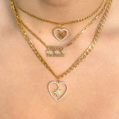 14K Gold Custom Stacked Double Name Charm Necklace ~ Block Font with Diamond Bezel Heart