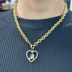 14K Gold Dangling Initial Diamond Heart Shape Frame Pendant, Large Size
