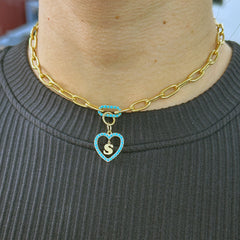 14K Gold Dangling Initial Turquoise Heart Shape Frame Pendant, Medium Size
