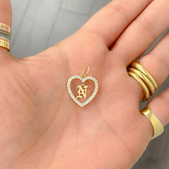 14K Gold Dangling Initial Diamond Heart Shape Frame Pendant, Medium Size