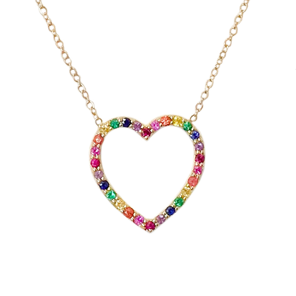 14K Gold Rainbow Gemstone Heart Shape Frame Necklace, Medium Size