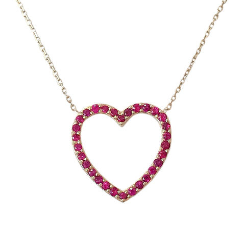 14K Gold Ruby Heart Shape Frame Necklace, Medium Size