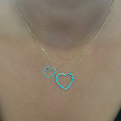 14K Gold Turquoise Heart Shape Frame Necklace, Medium Size