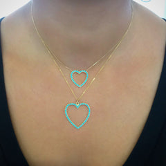 14K Gold Turquoise Heart Shape Frame Necklace, Medium Size