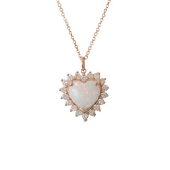 14K Gold Opal & Diamond Halo Heart Solitaire Necklace