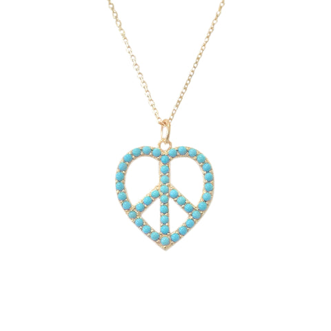 14K Gold Pavé Turquoise Peace & Love Necklace, Medium Size ~ In Stock!