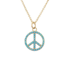 14K Gold Turquoise Peace Sign Shape Frame Necklace, Small Size