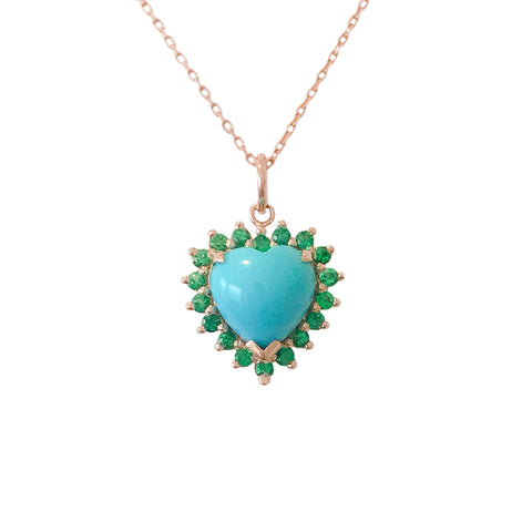 14K Gold Turquoise & Emerald Halo Heart Solitaire Necklace ~ In Stock!