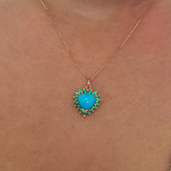 14K Gold Turquoise & Emerald Halo Heart Solitaire Necklace ~ In Stock!