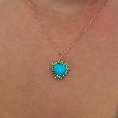 14K Gold Turquoise & Emerald Halo Heart Solitaire Necklace