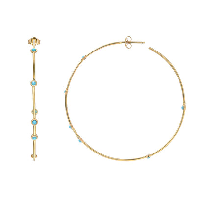 14K Gold Bezel Set Turquoise 2.25" Hoop Earrings