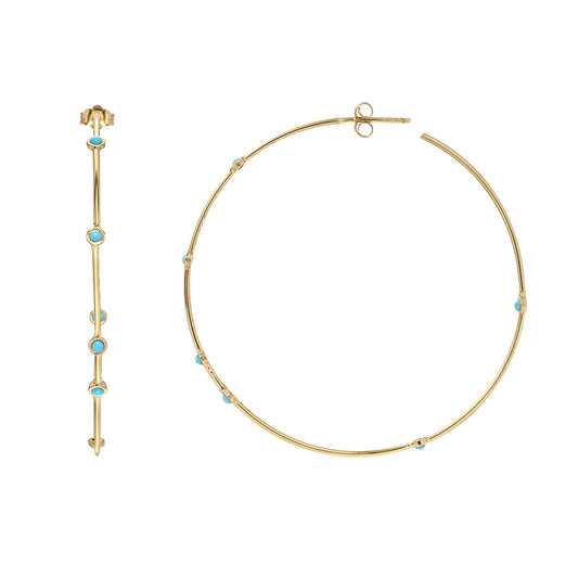 14K Gold Bezel Set Turquoise 2.25" Hoop Earrings