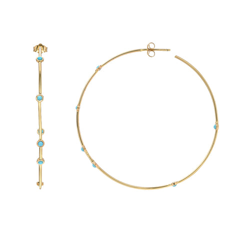 14K Gold Bezel Set Turquoise 2.25" Hoop Earrings