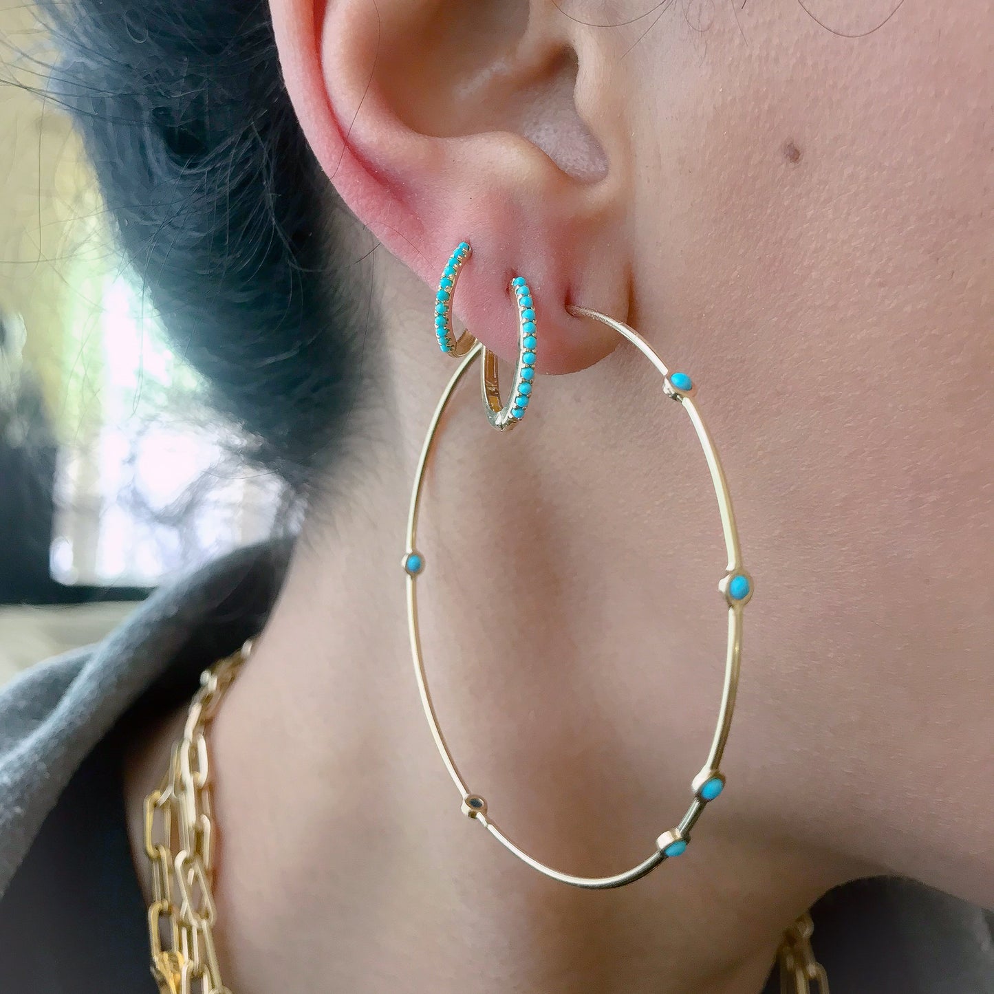 14K Gold Bezel Set Turquoise 2.25" Hoop Earrings